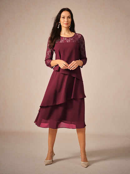 Robe femme midi – Coupe fluide – Manches dentelle – Chiffon superposé élégant