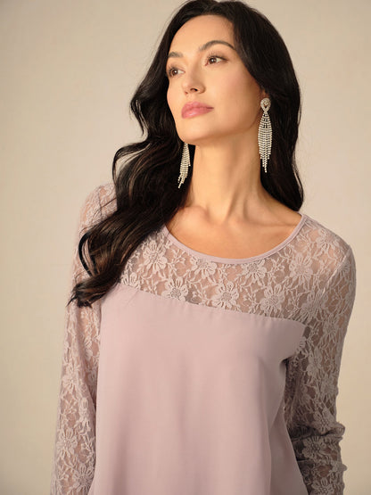 Robe femme midi – Coupe fluide – Manches dentelle – Chiffon superposé élégant