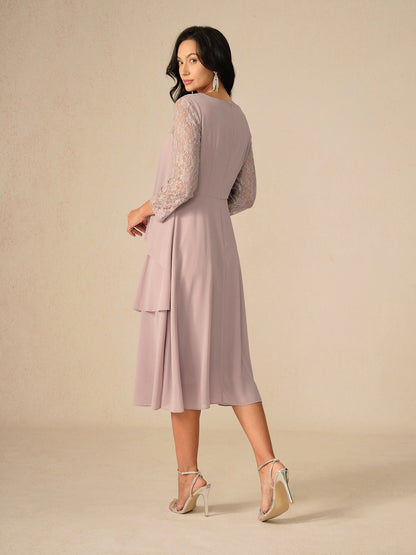 Robe femme midi – Coupe fluide – Manches dentelle – Chiffon superposé élégant