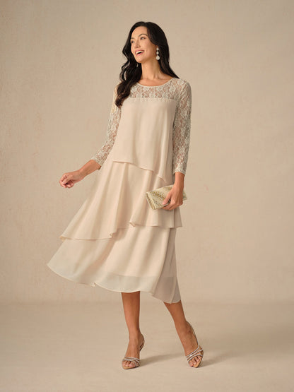 Robe femme midi – Coupe fluide – Manches dentelle – Chiffon superposé élégant