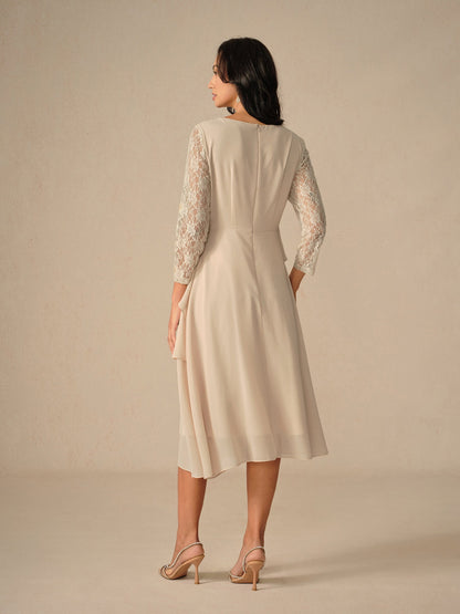 Robe femme midi – Coupe fluide – Manches dentelle – Chiffon superposé élégant