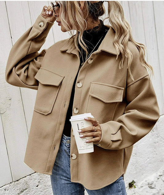 Veste femme oversize – Mélange de laine – Boutonnage frontal – Grandes poches poitrine