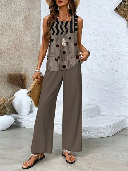 Women's Set – Sleeveless Top and Wide Leg Pants – Relaxed Fit – Breathable Fabric