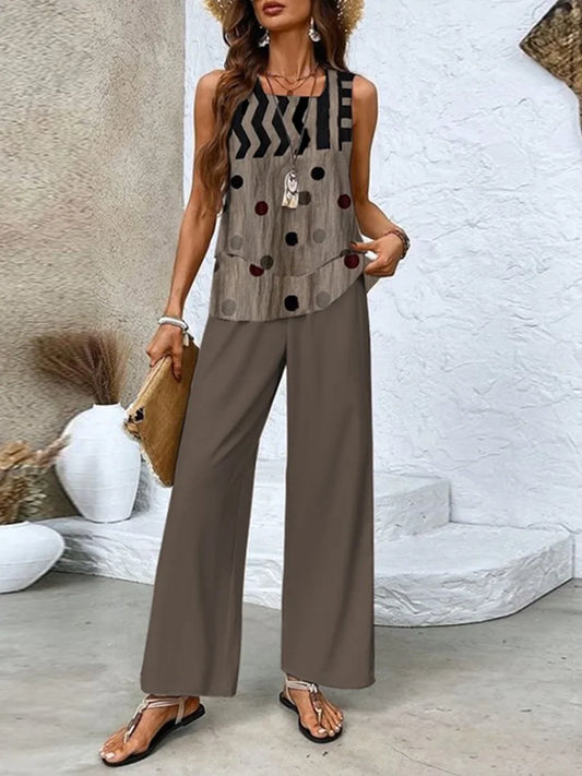 Women's Set – Sleeveless Top and Wide Leg Pants – Relaxed Fit – Breathable Fabric