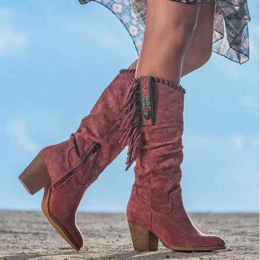 Bottes femme hauteur genou – Talon bloc – Franges décoratives – Style western structuré