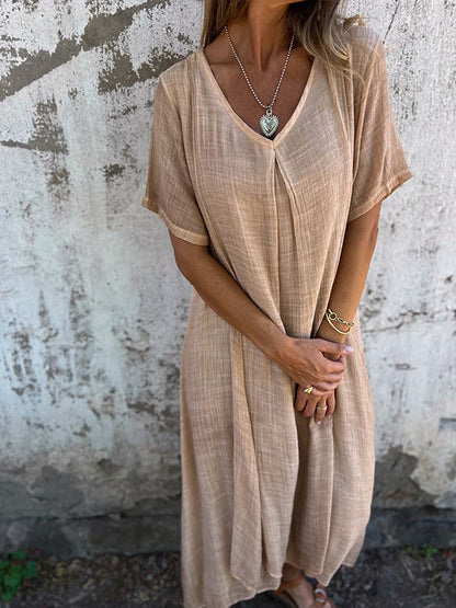 Women's dress – Relaxed fit – Breathable fabric – V-neck – Flowing short sleeves