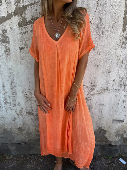 Women's dress – Relaxed fit – Breathable fabric – V-neck – Flowing short sleeves