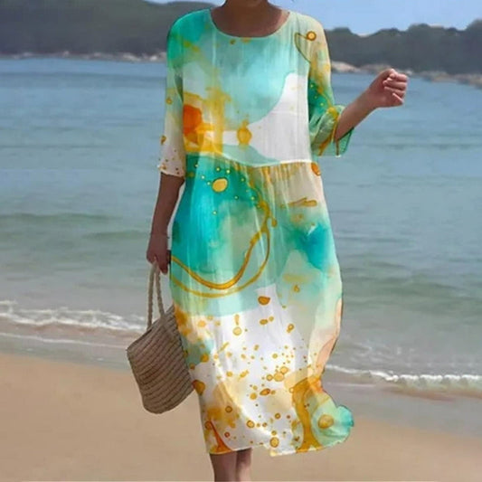 Women's long dress – Loose fit – Breathable fabric – 3/4 sleeve – Elegant round neck