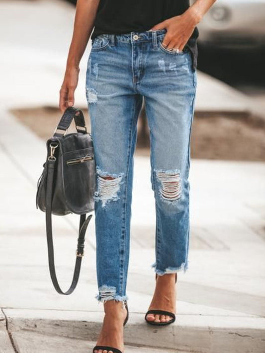 Pantalon femme – Coupe décontractée – Denim effet usé – Longueur cheville