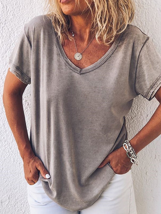 T-shirt femme – Coupe décontractée – Tissu respirant doux – Manches courtes – Col V