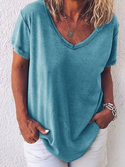 T-shirt femme – Coupe décontractée – Tissu respirant doux – Manches courtes – Col V