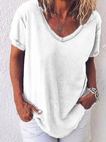 T-shirt femme – Coupe décontractée – Tissu respirant doux – Manches courtes – Col V