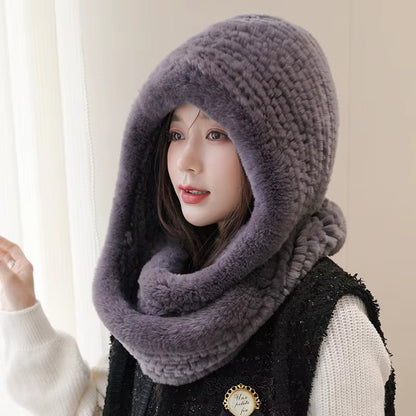 Giulia Knitted Hooded Scarf | Fuzzy Texture Solid Hooded Scarf