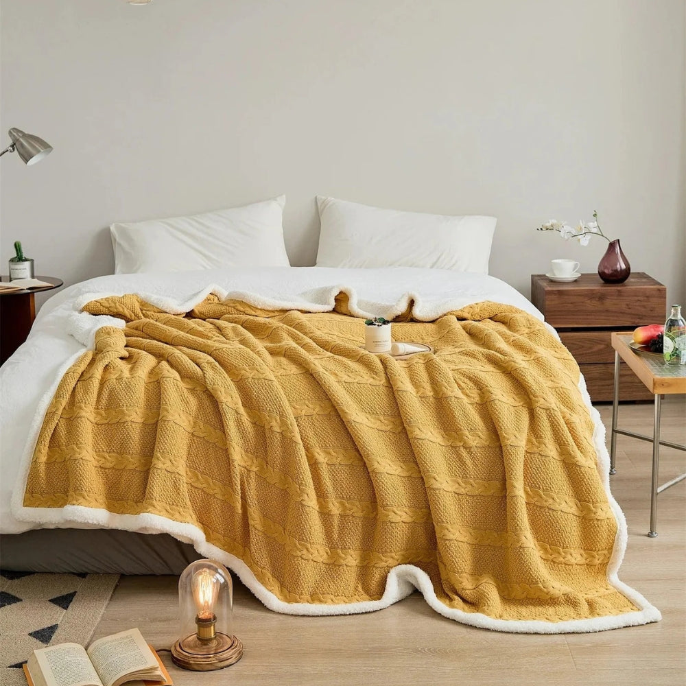 Minimalist Sherpa Throw Blanket With Cable Knit Texture
