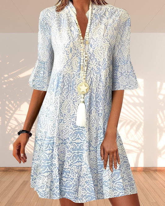 Women's Mini Dress – Loose Fit – Mid-length Sleeves – V Neck – Breathable Fabric Boho