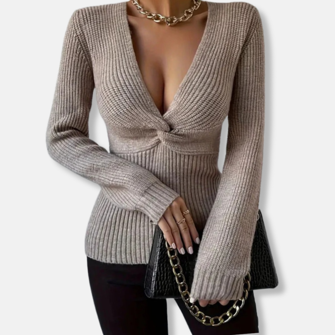 Clara Ribbed V-Neck Sweater | Twist Front Fitted Sweater