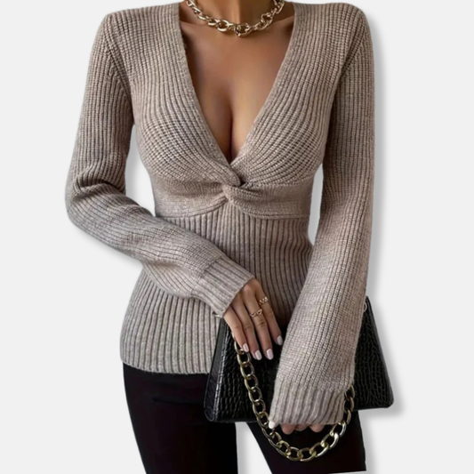 Clara Ribbed V-Neck Sweater | Twist Front Fitted Sweater