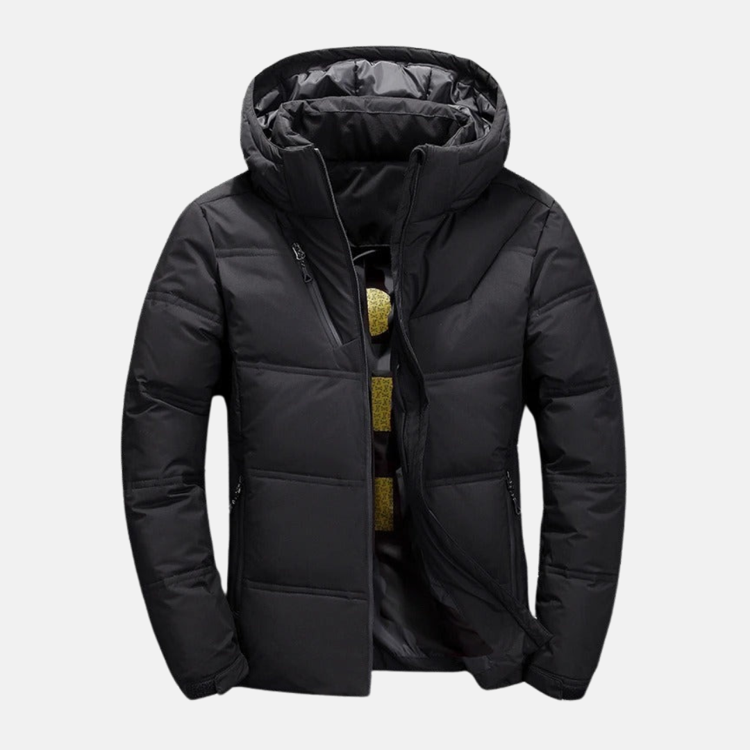 Men's Puffer Jacket - Synthetic Fabric - Stand-up Collar Hood - Waist Length