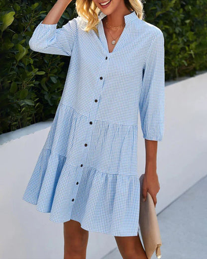 Women's A-Line Dress – Plaid Pattern – 3/4 Sleeves – Natural Fibers – Flounced Hem