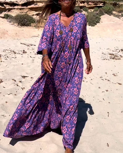 Long women's dress – Loose fit – Light breathable fabric – Elbow-length sleeves – Bohemian style