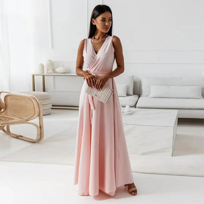 Robe longue femme – Coupe fluide – Sans manches – Décolleté en V – Taille ceinturée