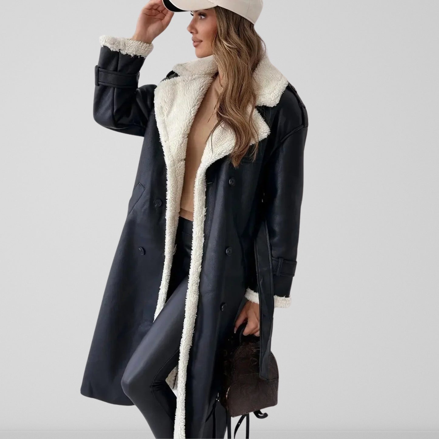 Women's Trench - Faux Leather - Oversized Cut - Ankle Length - Wide Lapel Collar