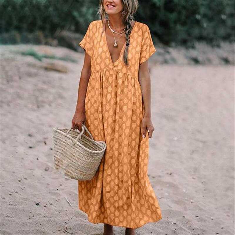 Women's long dress – Flowing cut – Natural fabric – Short sleeves – V-neck