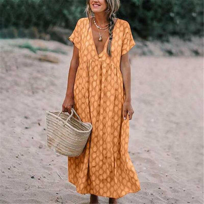 Women's long dress – Flowing cut – Natural fabric – Short sleeves – V-neck