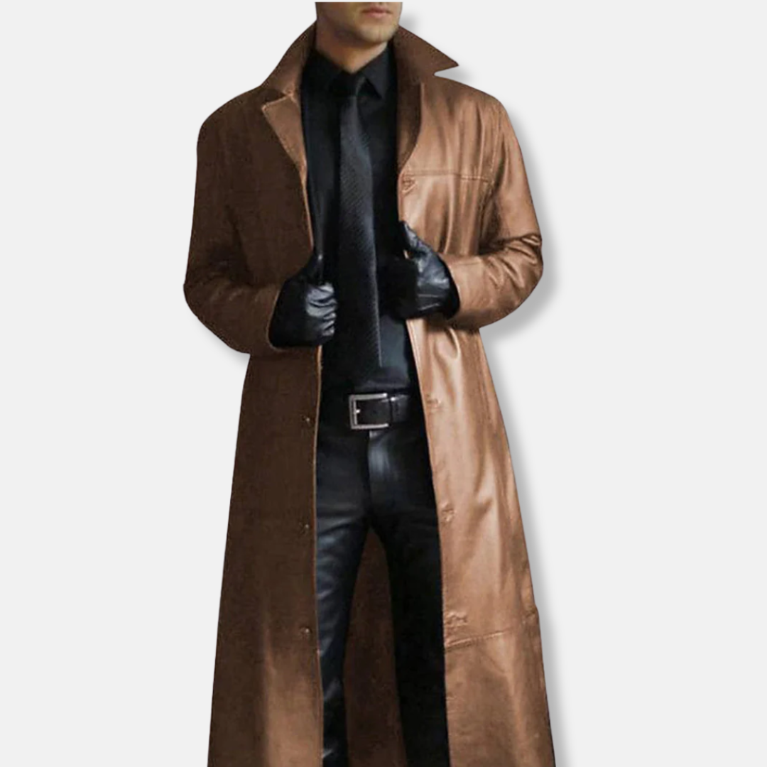 Men's long coat – Fitted cut – Smooth leather feel – Wide dress collar