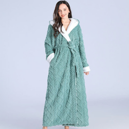 Plush Cable-Knit Hooded Sherpa-Trim Bathrobe