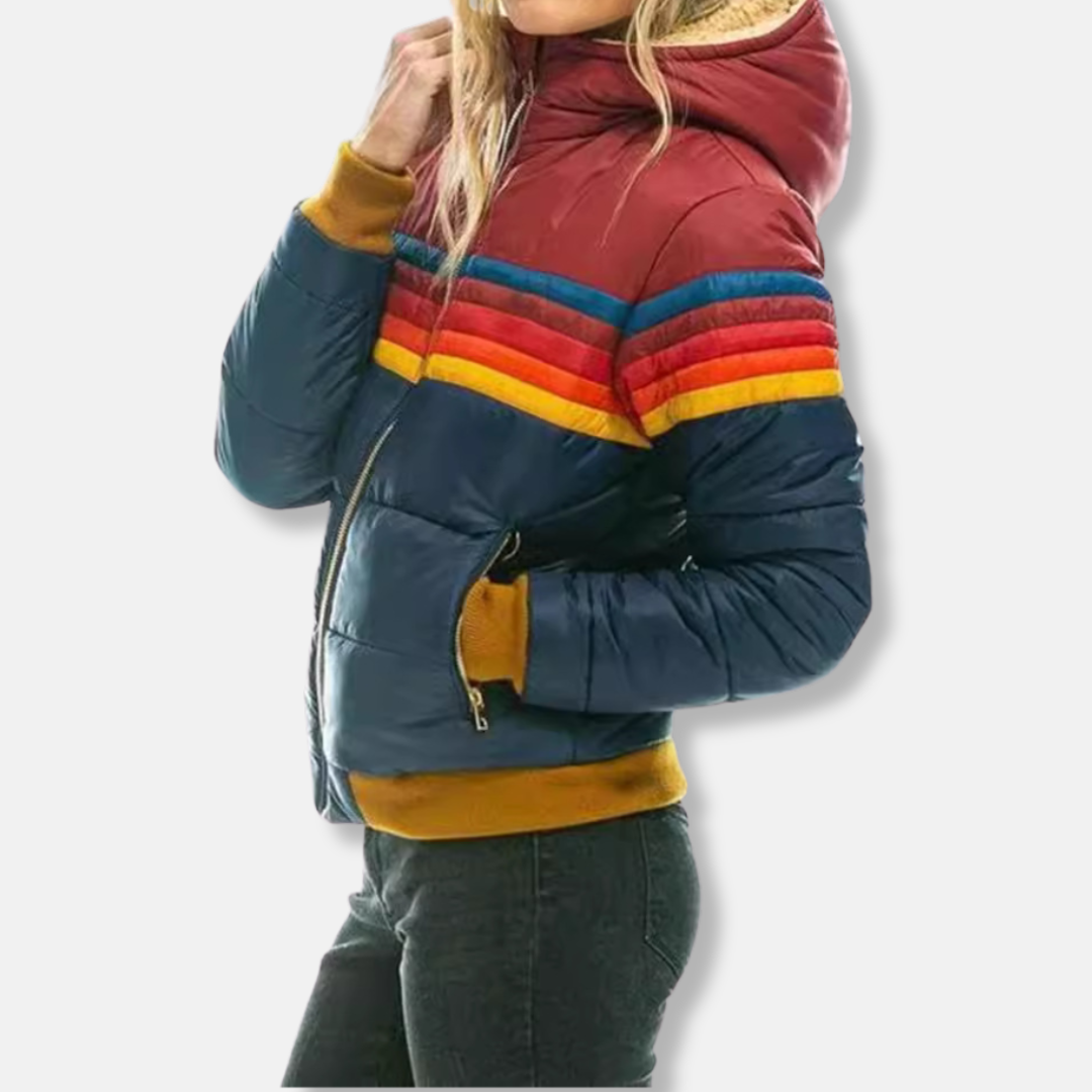 Women's Puffer Jacket - Slim Fit - Stand Collar - Hip Length - Zip-Up Closure