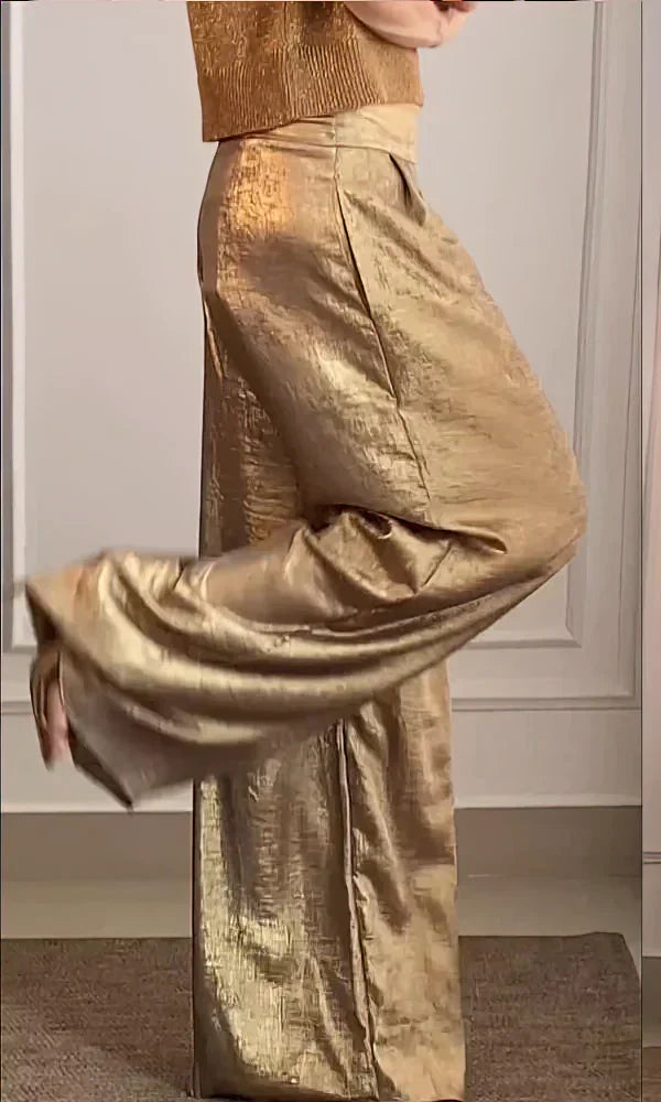 Pantalon femme – Coupe large fluide – Taille haute – Tissu effet satin élégant