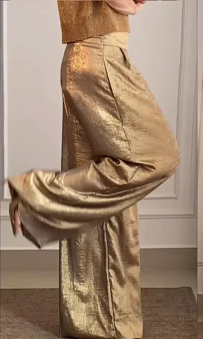 Pantalon femme – Coupe large fluide – Taille haute – Tissu effet satin élégant