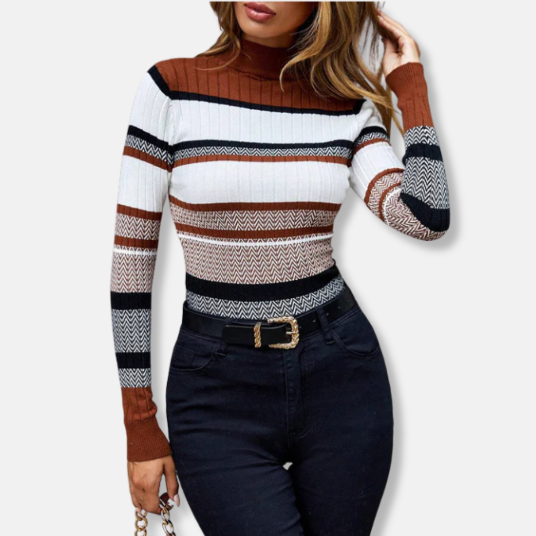 Elizabeth Cotton Slim Mock Neck Sweater | Striped Ribbed Sweater