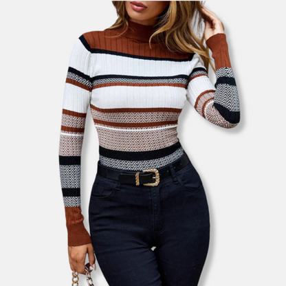 Elizabeth Cotton Slim Mock Neck Sweater | Striped Ribbed Sweater