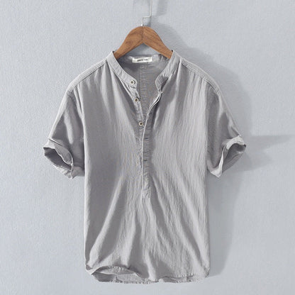 Men's short-sleeve shirt – Relaxed fit – Mao collar – Breathable natural fibers