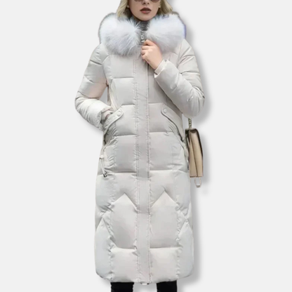 Women's Long Quilted Coat - Woven Fabric - Slim Fit - Removable Stand Collar