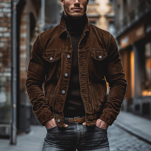 Men's jacket – Structured cut – Soft ribbed texture – Notched collar – Flap pockets