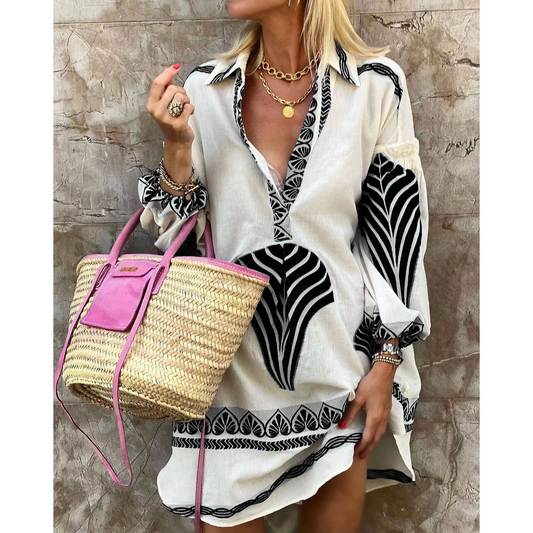 Women's mini dress – Flowing cut – Breathable fabric – Puff sleeves – V-neck