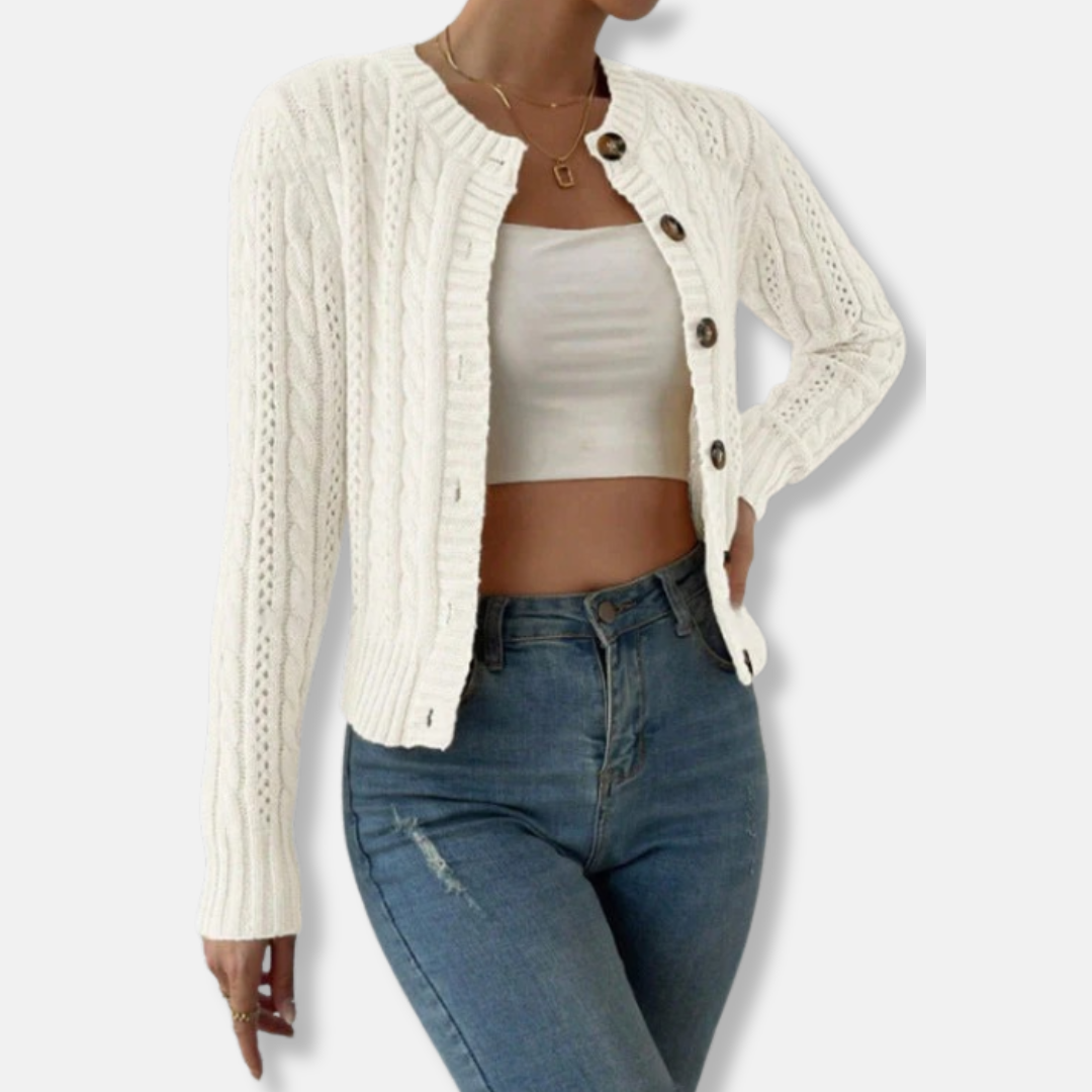 Elizabeth Relaxed Fit Cardigan | Cable Knit, Ribbed Trim Cardigan