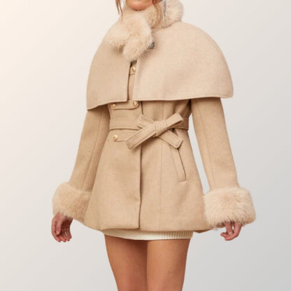 Ginevra A-Line Cape Coat | Belted Waist Fur Trim Cape Coat