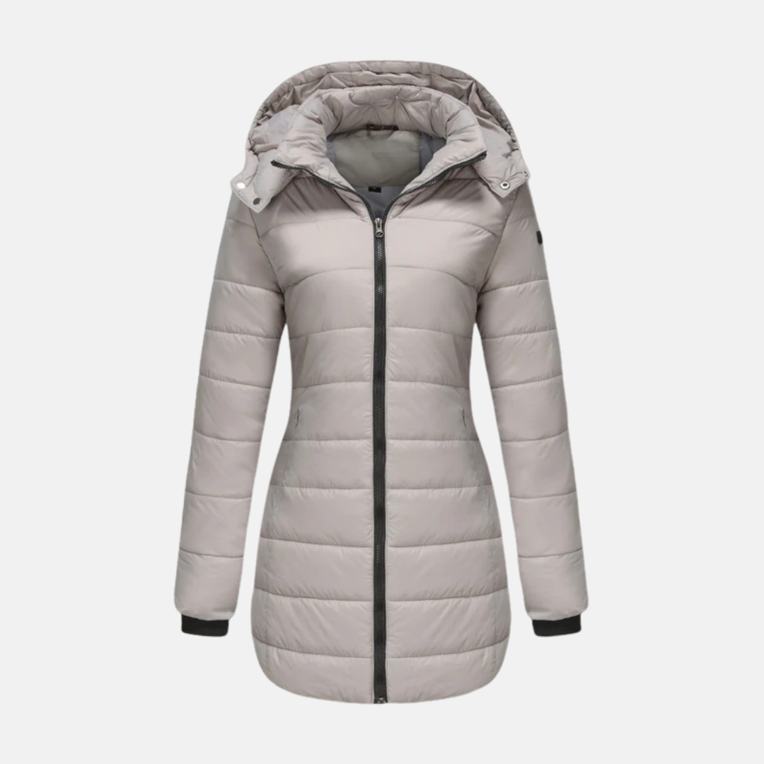 Women's Quilted Coat - Woven Fabric - Straight Cut - Mid-thigh Length - Attached Hood