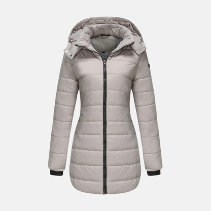 Women's Quilted Coat - Woven Fabric - Straight Cut - Mid-thigh Length - Attached Hood
