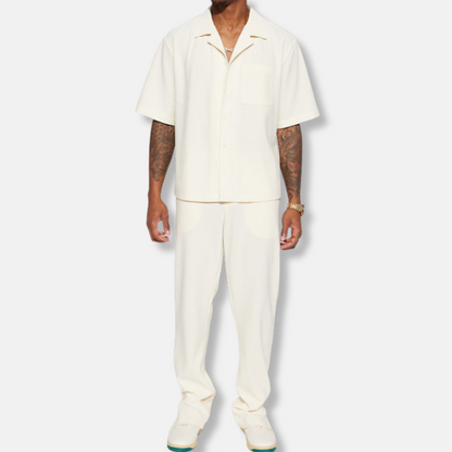Men's casual set – Loose fit – Short-sleeve collared shirt – Long pants – Breathable fabric