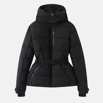 Women's Ski Jacket - Puffer Insulated - Belted Fit - Stand-Up Collar With Hood