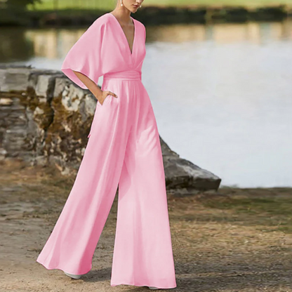 Jumpsuit woman – V-neck – Loose fit – Mid-length sleeves – Wide legs