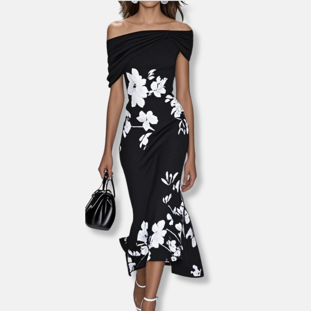Mia Fitted Midi Dress | Off-The-Shoulder Floral Midi Dress