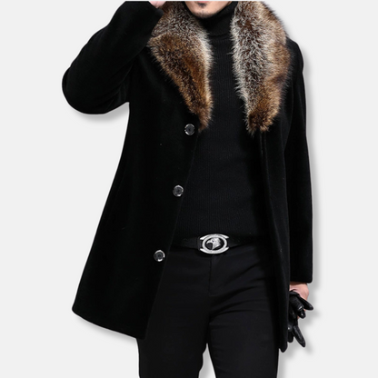 Men Coat - Soft Fabric - Mid-Thigh Length - V Collar Fur Sharky