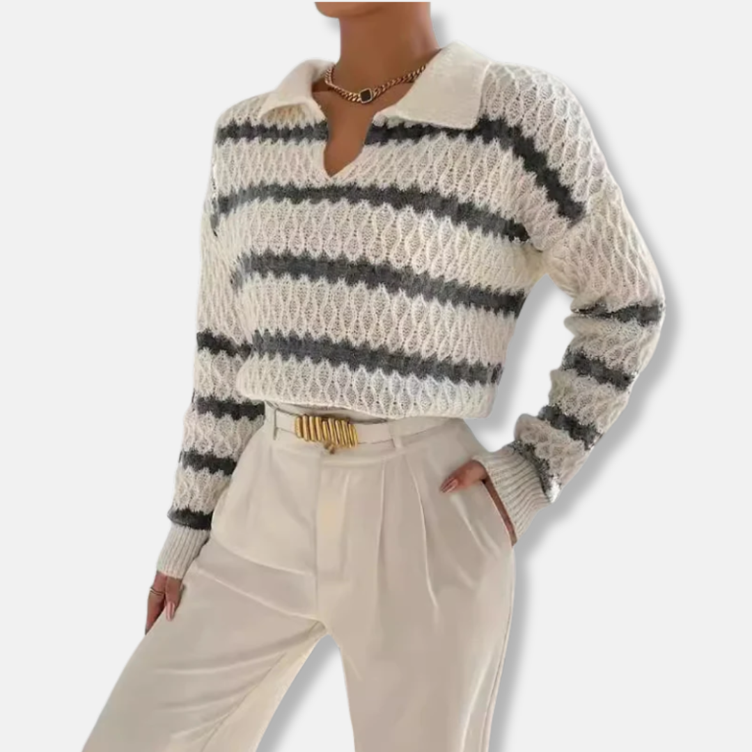 Caterina Wool Cropped Polo Sweater | Striped V-Neck Polo Sweater