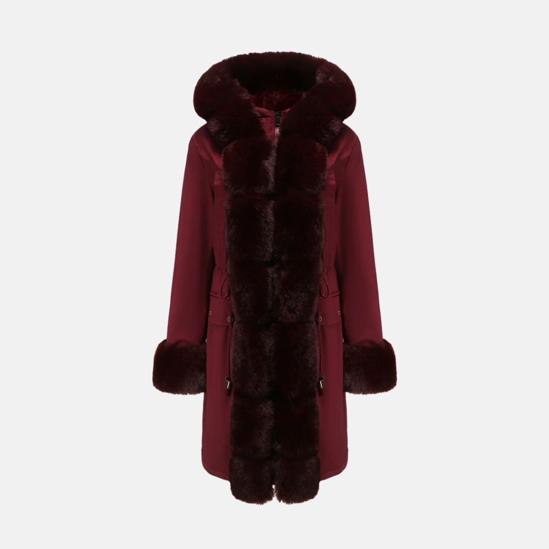 Women's Long Coat - Woven Fabric - Fur Hood - Straight Cut